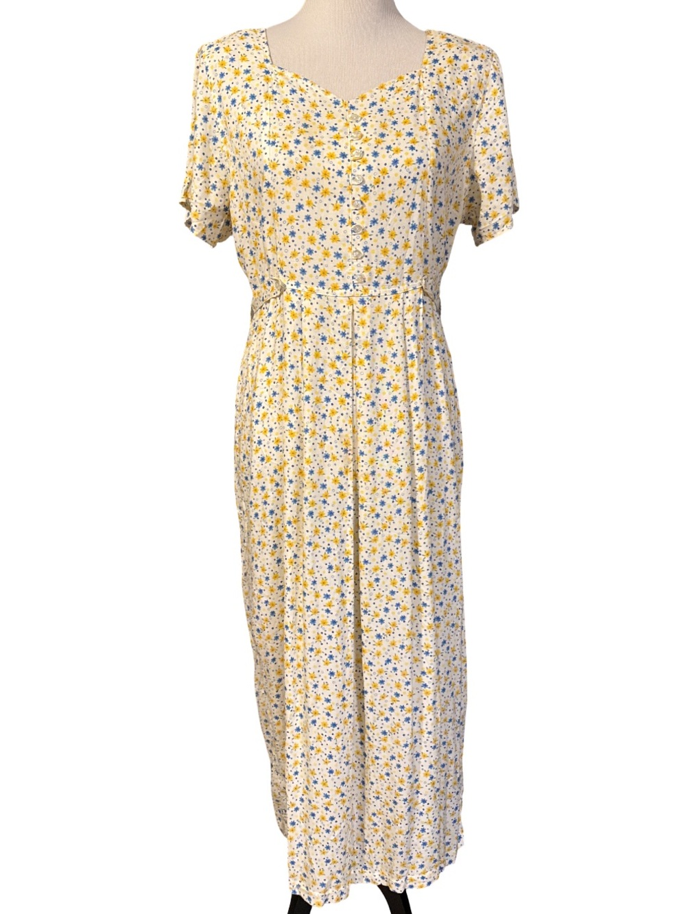 Erika StudioCream Maxi Dress with Yellow and Blue Ditzy Floral Print size Large